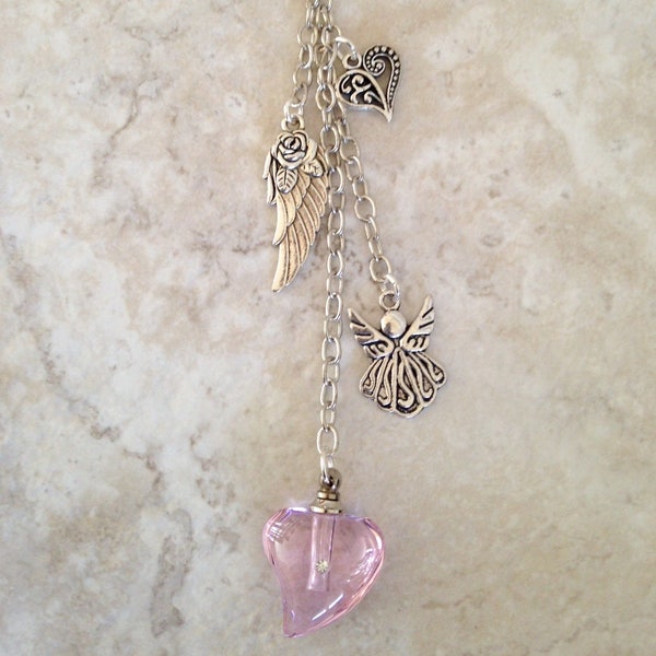 Cremation Urn Rear View Mirror Ornament with Crystal Heart Vial, GRANDMA NANA, Angel Wing, Filigree Heart and Angel Charms