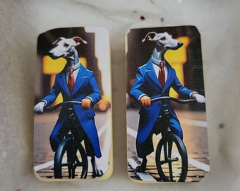 Whippet Greyhound AI Art Refrigerator Magnets: Dogs on Bikes, Set of 2