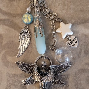 Large Cremation Urn Rearview Mirror Ornament with Guardian Angel, Sea Glass, Charms and Fillable Glass Orb for Ashes or Lock of Hair