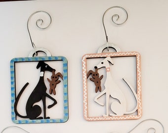 Hand Painted Greyhound Wooden Ornament Set: Double Sided Dog Decor
