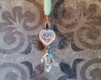 Cremation Urn Rear View Mirror Ornament: Czech Glass Moon, Sea Glass, Ash Vial