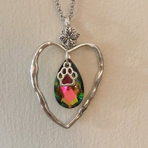 Rainbow Bridge Crystal Teardrop-Heart Charm-Paw Charm-Pet Loss Necklace on Stainless Steel Chain