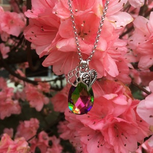 Rainbow Bridge Crystal Teardrop-Filigree Heart Charm-Paw Charm-Pet Loss Necklace on Stainless Steel Chain