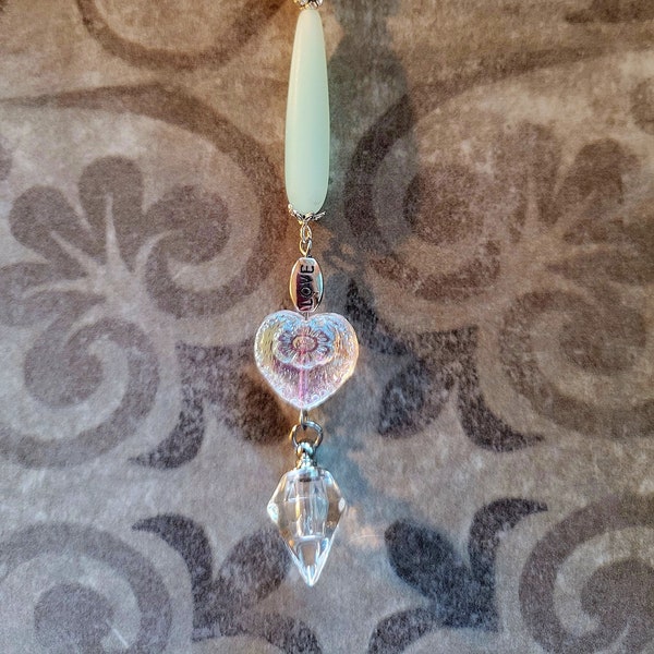 Cremation Rear View Mirror Urn Ornament w/ Czech Glass Moon and Heart, Sea Glass, Your Choice of Colored Vial for Ashes and Sea Glass