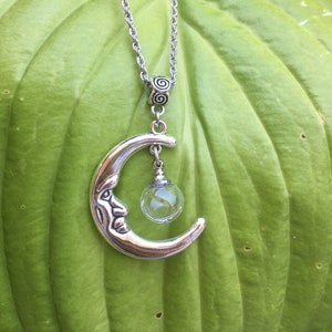 Two Sided Crescent Moon Cremation Urn Pendant with Glass Globe and Stainless Steel Chain