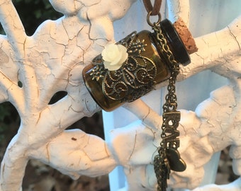 Boho Cremation Urn Necklace: Vintage Style Filigree, Pearl, Angel Wing