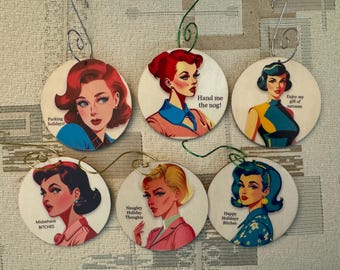 Snarky Retro Christmas Ornaments – Mid-Century Ladies, Set of 6