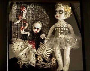 Creepy Horror Mixed Media Shadow Box with Gothic Dolls, Bones, Snake Skin and Skulls