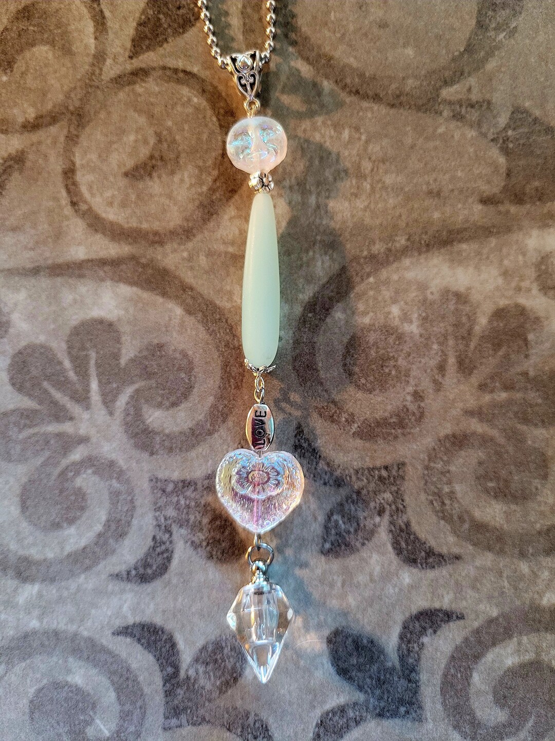 Cremation Rear View Mirror Urn Ornament W/ Czech Glass Moon and Heart