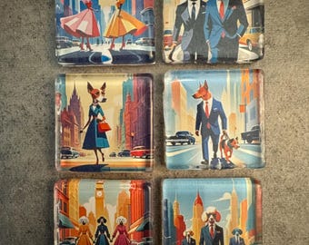 Mid Century Modern Dog Refrigerator Magnets: Cityscape Set of 6