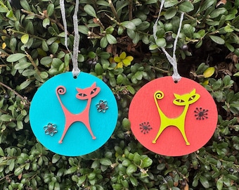 Mid Century Modern Cat Christmas Ornaments, Hand Painted Wood, Set of 2