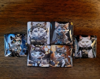 Steampunk Kitten Magnets - Glass Cabochon Fridge Magnets - Set of 6