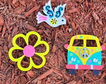 Groovy Refrigerator Magnets Set of 3, Hippy Van, Flower Power and Peace Dove - Handmade - Hand Painted- Always Free Shipping