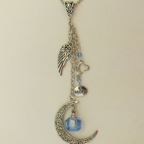 Cremation Urn Rear View Mirror Ornament with Mini Crystal Vial, Crescent Moon, Heart, Angel Wing and Family Member Charms