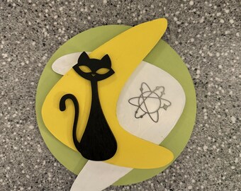 Mid Century Modern Cat & Boomerang Wood Wall Hanging