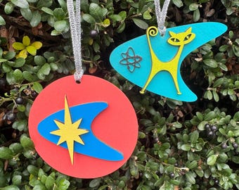 MCM Christmas Ornament Set, Atomic Starburst, Boomerang, Hand-Painted Wood