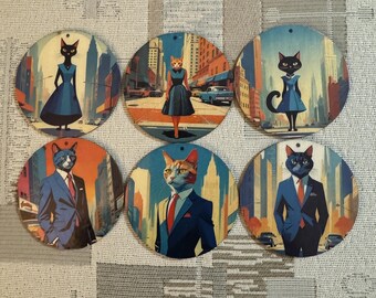 Mid Century Modern Cat Ornaments: AI Generated Wood Disc Set