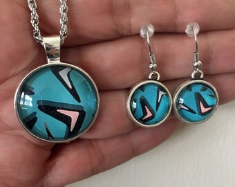 Handmade Mid Century Modern Retro Boomerang Cabochon Necklace and Earrings Set