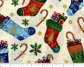 Red /& Cream Christmas Stocking Print Fabric Material Metre 100/% Cotton Fabric