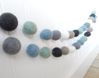 Blue Gray Garland, Baby Boy Room, Baby Boy Felt Ball Garland, Pom Pom Garland, Baby Boy Nursery Decor, Playroom Decor, Mint Blue Gray