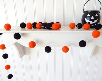 Halloween Garland, Garland, Felt Ball Garland, Fall Decor, Felt Pom Pom Garland, Pumpkin, Halloween Banner, Black, Orange, Halloween Decor