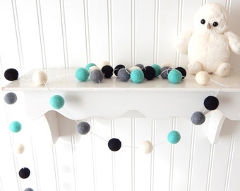 Mint Nursery, Baby Boy Decor, Felt Ball Garland, Modern Nursery Decor, Birthday Decor, Photography Prop, Baby Shower, Cake Smash, Mint Black