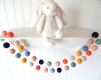 Boho Nursery Decor, Felt Ball Garland, Shabby Baby Room Decor, Pom Pom Garland, Vintage, Photo Prop, Bunting, Coral Peach Navy Mint