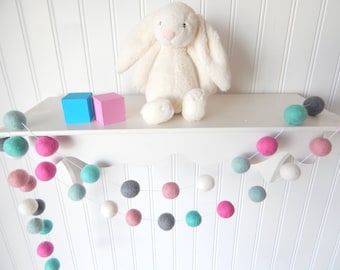 Baby Girl Nursery Decor Pink Mint Blush Gray Aqua Felt Ball Garland Shabby Baby Shower Party Decorations Wall Decor Pom Pom Garland