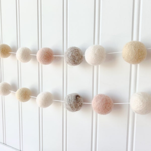 Pink and Cream Garland, Pom Pom Garland, Felt Ball Garland, Baby Girl Nursery Room, Wedding Banner, Bunting, Gray, Shabby Blush Pink