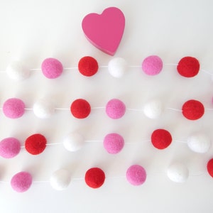 Valentines Day, Valentine's Garland, Felt Ball Garland, Felt Bunting, Valentines Day Decor, Pom Pom Garland, Girl Garland, Red, White, Pink, image 3