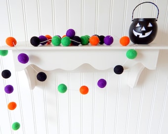 Halloween Garland, Felt Ball Garland, Pom Pom Garland, Fall Decor, Monster Mash, Halloween Party Decor, Black, Orange, Autumn Banner