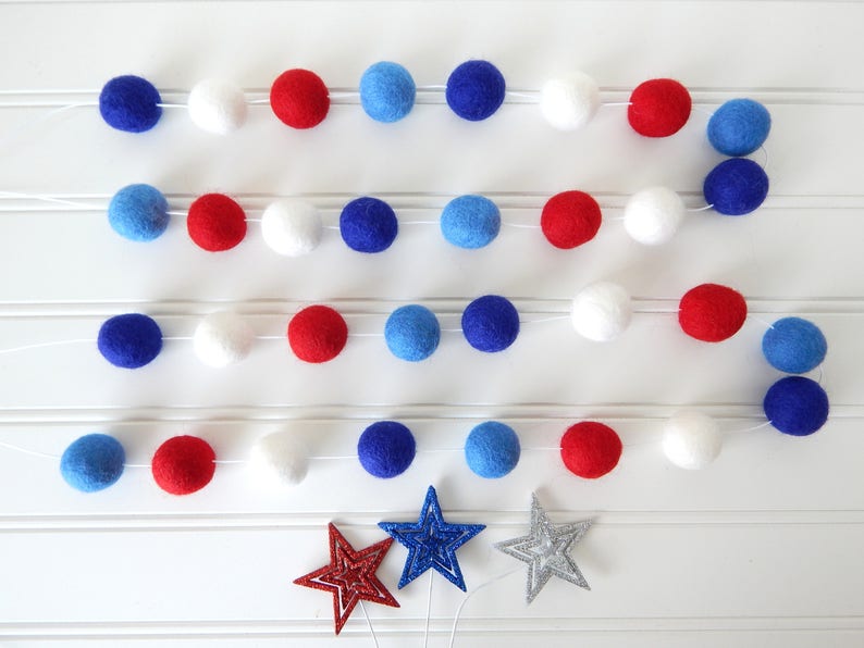 Fourth of July Garland, July 4th Decoration Felt Ball Garland, 4th of July Party Decor, Vintage, Red White Blue, Independence Day, Americana image 2