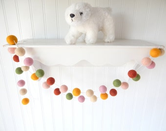 Boho Garland, Blush Pink Pom Pom Garland, Felt Ball Garland, Baby Girl Nursery, Mustard, Rust, Olive, Rainbow Nursery Decor, Earth Tones