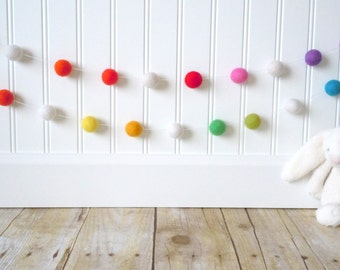 Pom Pom Garland, Guirnalda de fieltro, Guirnalda de habitación para niños, Guirnalda colorida, Decoración de guardería, Decoración de fiesta, Multicolor, Empavesado de fieltro, Arco iris