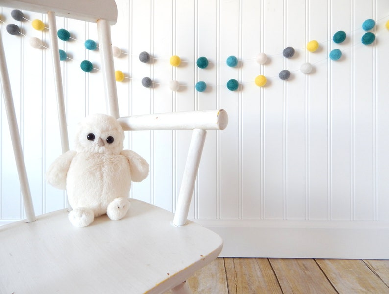 Baby Boy Nursery Decor, Felt Ball Garland, Pom Pom Garland, Boy Bunting, Playroom Decor, Baby Boy Room, Teal, Aqua, Yellow, Gray, Woodland image 4