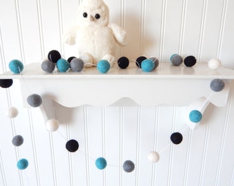 Felt Ball Garland, Garland, Boy Nursery Decor, Pom Pom Garland, Boy Bunting, Photo Prop, Playroom Decor, Modern Nursery, Aqua Black Gray