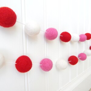 Valentines Day, Valentine's Garland, Felt Ball Garland, Felt Bunting, Valentines Day Decor, Pom Pom Garland, Girl Garland, Red, White, Pink, image 4