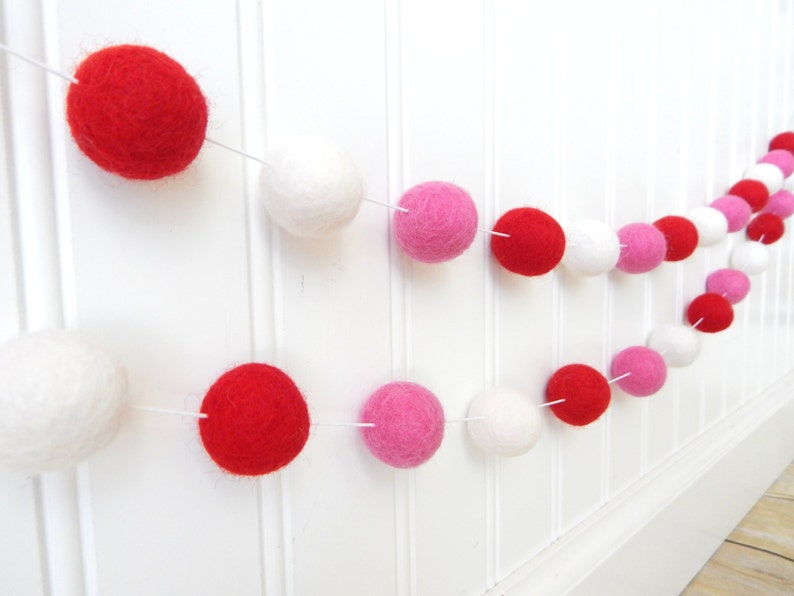 Valentines Day, Valentine's Garland, Felt Ball Garland, Felt Bunting, Valentines Day Decor, Pom Pom Garland, Girl Garland, Red, White, Pink, image 4