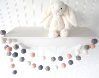 Blush Pink and Gray Garland, Pom Pom Garland, Felt Ball Garland, Baby Girl Nursery Room, Wedding Banner, Bunting, Pastel, Shabby Blush Pink