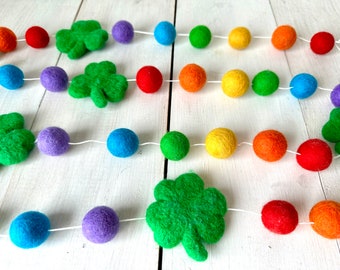 St. Patrick’s Day Garland, St. Patty’s felt ball garland, Shamrock decor, Wool pom pom balls, St. Patrick’s Day mantel decoration