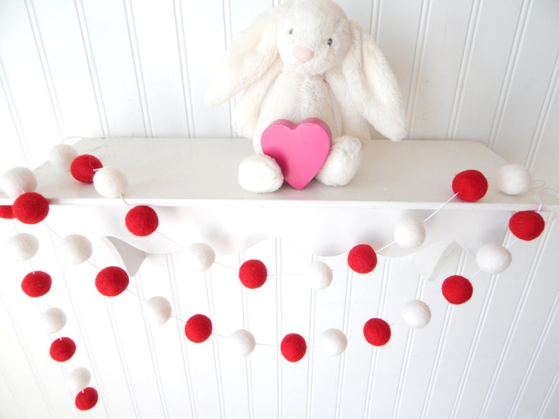 Red and White Garland, Valentines Day, Valentine's Garland, Felt Ball Garland, Felt Bunting, Valentines Day Decor, Pom Pom Garland, Love image 1