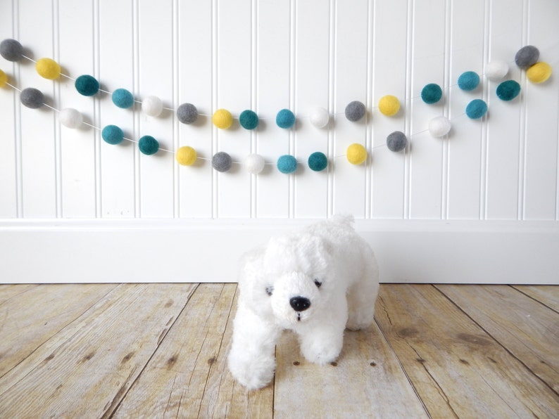 Baby Boy Nursery Decor, Felt Ball Garland, Pom Pom Garland, Boy Bunting, Playroom Decor, Baby Boy Room, Teal, Aqua, Yellow, Gray, Woodland image 1