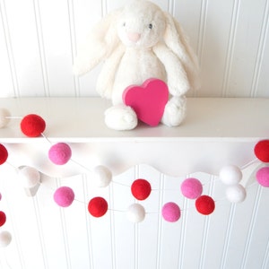 Valentines Day, Valentine's Garland, Felt Ball Garland, Felt Bunting, Valentines Day Decor, Pom Pom Garland, Girl Garland, Red, White, Pink, image 1