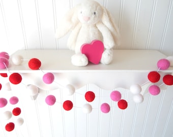 Valentines Day, Valentine's Garland, Felt Ball Garland, Felt Bunting, Valentines Day Decor, Pom Pom Garland, Girl Garland, Red, White, Pink,