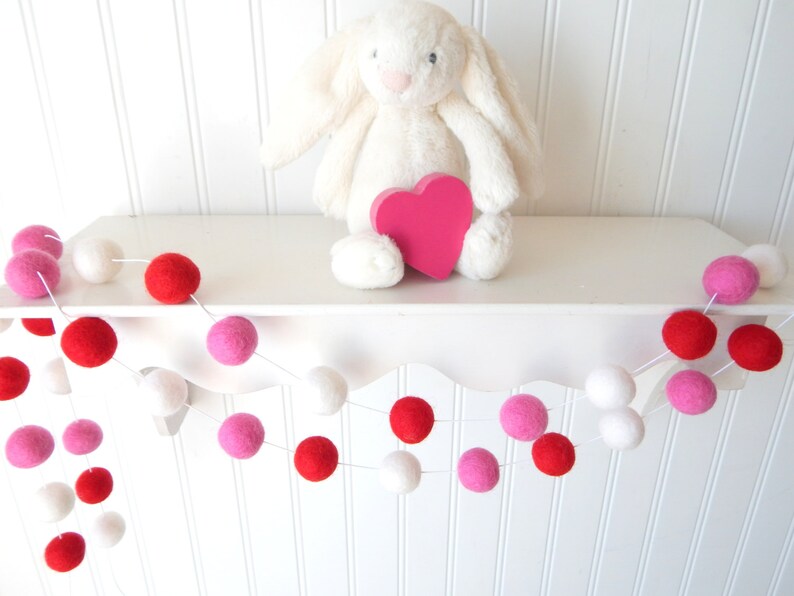 Valentines Day, Valentine's Garland, Felt Ball Garland, Felt Bunting, Valentines Day Decor, Pom Pom Garland, Girl Garland, Red, White, Pink, image 1