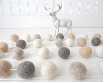 Garland, Neutral Felt Ball Garland, Pom Pom Garland, Mantel Decor, Mantel Garland, Shabby Nursery Decor, Flax Linen Cream, White Ivory