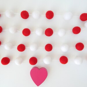 Red and White Garland, Valentines Day, Valentine's Garland, Felt Ball Garland, Felt Bunting, Valentines Day Decor, Pom Pom Garland, Love image 5