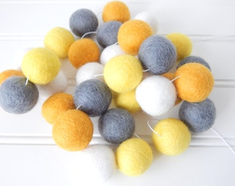 Yellow Garland, Gender Neutral Nursery Decor, Gender Neutral Shower Decor, Felt Ball Garland, Pom Pom Garland, Bunting, Yellow, Gray, Unisex