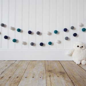 Garland, Boy Nursery Decor, Felt Ball Garland, Pom Pom Garland, Boy Bunting, Party Decor, Playroom Decor, Nautical, Teal, Aqua, Navy, Gray image 2