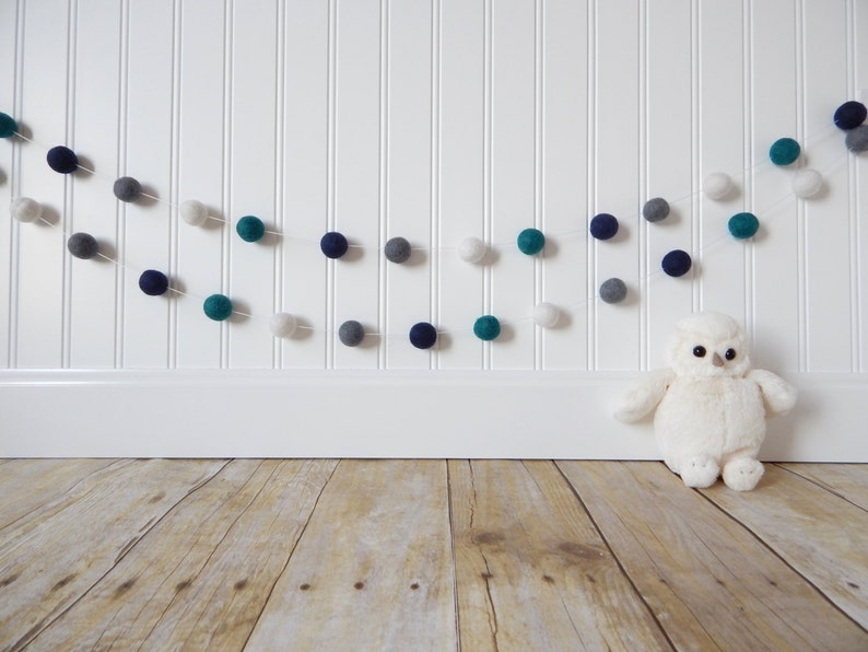 Garland, Boy Nursery Decor, Felt Ball Garland, Pom Pom Garland, Boy Bunting, Party Decor, Playroom Decor, Nautical, Teal, Aqua, Navy, Gray image 2